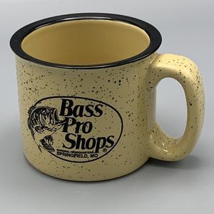 Bass Pro Shops Mug Yellow Brown Heavy Ceramic Coffee Tea Cup Black Rim Speckles